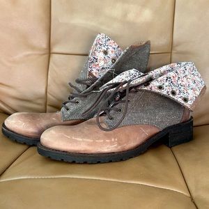 LL Bean Deerfield Granny Roll Down Floral Brown Leather & Canvas Boots 8 Laces